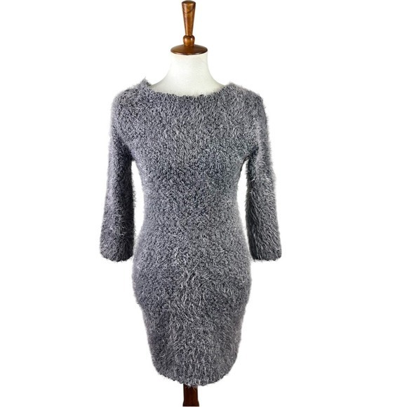 Jack by BB Dakota Medium Gray Fuzzy Sweater Dress 3/4 Sleeves Fluffy Cozy - Picture 1 of 11